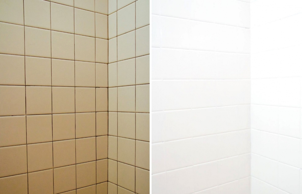 Покраска плитки в ванной полиуретановой краской Покраска плитки в ванной полиуретановой краской